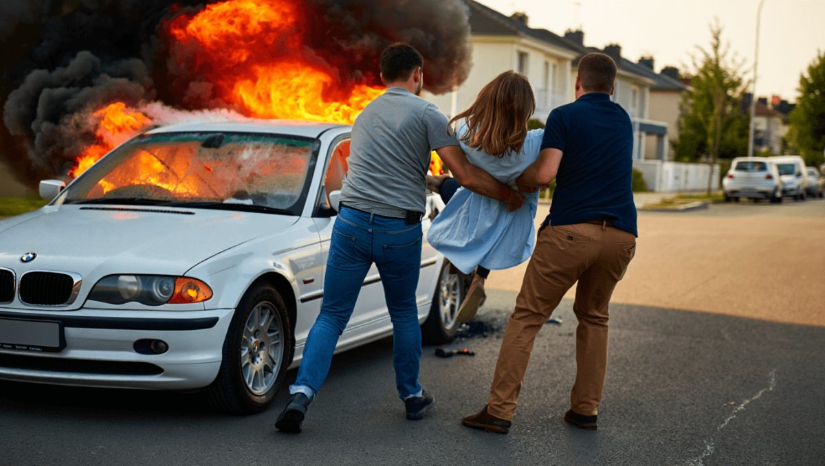 Woman escapes burning BMW with the help of two local fathers