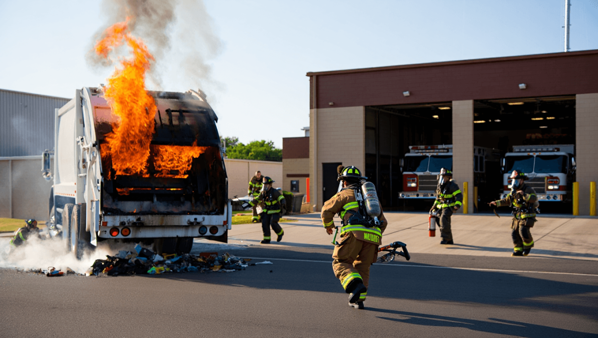 Trash truck driver dumps burning load at fire station