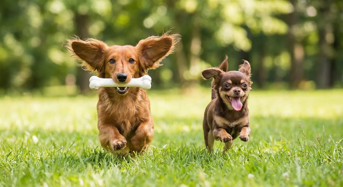 Friendly mixed-breed dog playing outdoors with toy in sunny park setting