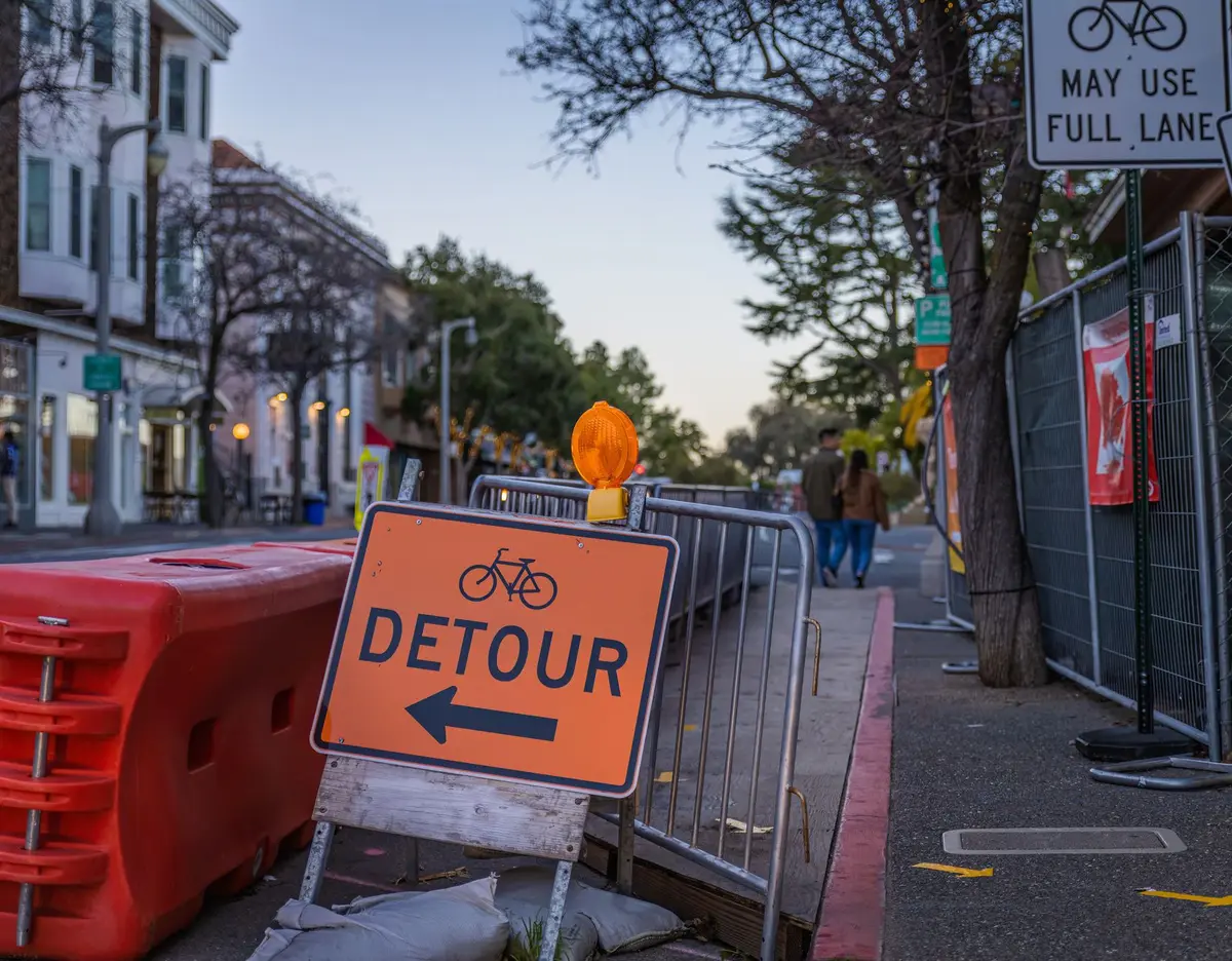 Visitors navigating around construction barriers and orange fencing at a major public landmark