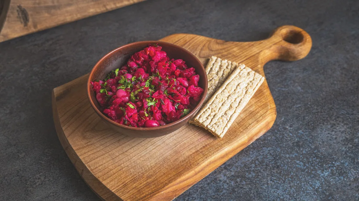 Hands preparing flatbread salad with fresh vegetables, herbs, and dressing on a wooden surface
