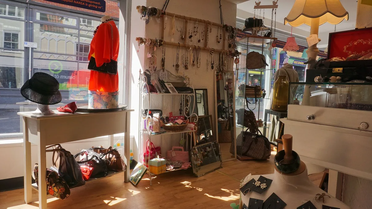 Interior of a vintage or antique shop with carefully curated merchandise
