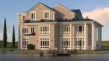 Upscale waterfront estate with manicured grounds and private dock overlooking a tranquil lake and distant hills