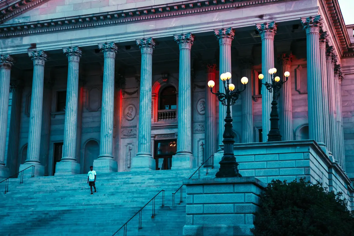 Oklahoma state government building entrance symbolizing executive authority and official action