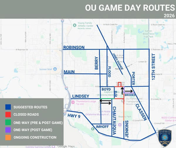 Norman PD provides traffic routes & parking information as OU football returns home