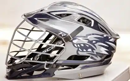 Lacrosse goalie in full gear, crouched in ready position in front of goal cage