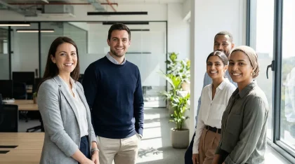 Business professionals collaborating in a modern office setting, representing workplace excellence and corporate recogni