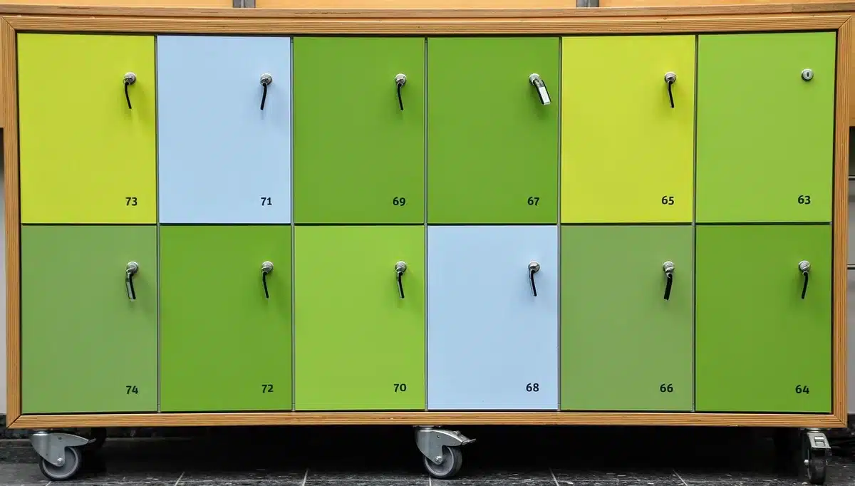 Players in a bright locker room preparing with gear and notes