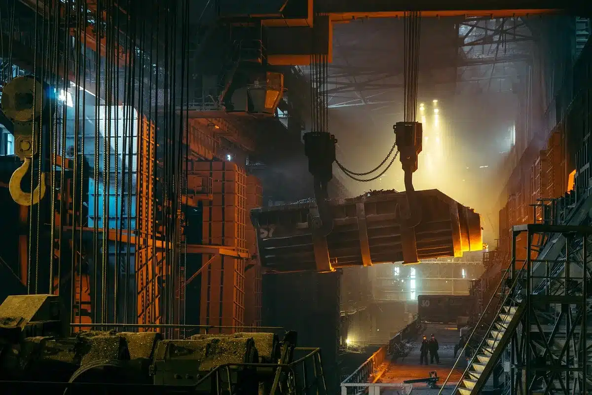 Interior view of a busy factory floor with machines and anonymous workers